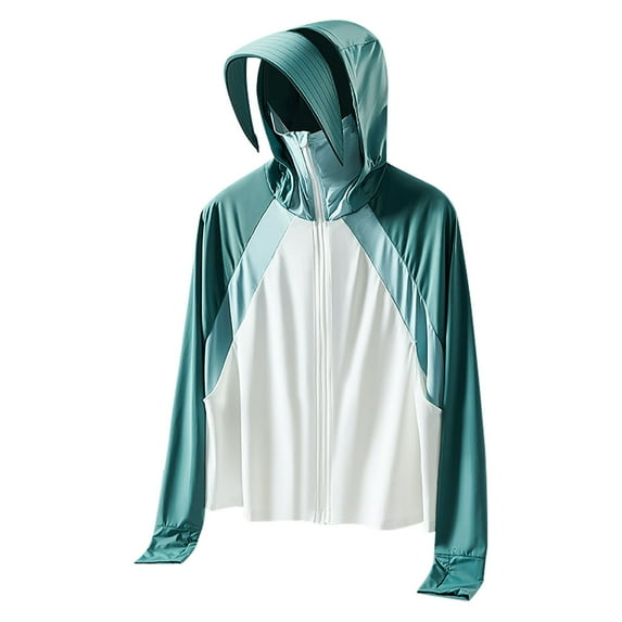 Women's UPF 50+ Lightweight Athletic Jacket Detachable Visor & Ponytail Zipper & High Collar Face Cover Green M