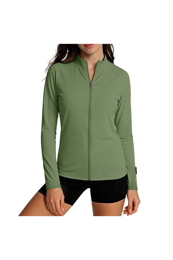 Women's UPF 50+ Lightweight Athletic Jacket Stand Collar Sun Protection Full Zip Summer Long Sleeve Hiking Outdoor Jackets Army Green,L