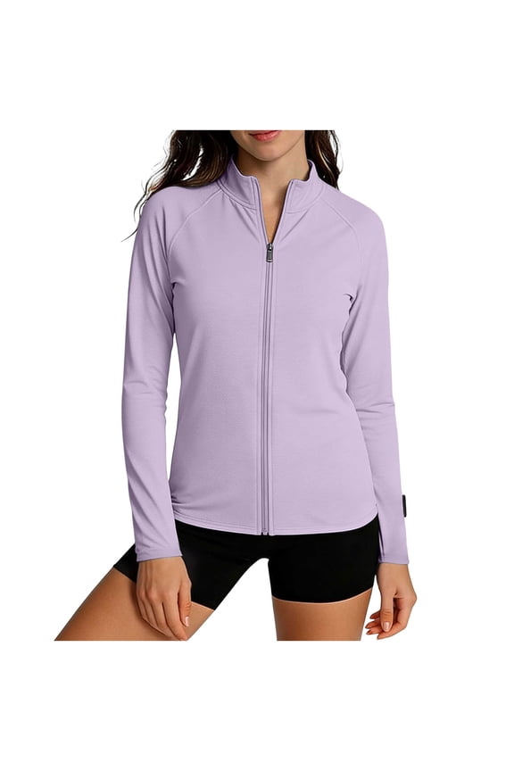 Women's UPF 50+ Lightweight Athletic Jacket Stand Collar Sun Protection Full Zip Summer Long Sleeve Hiking Outdoor Jackets Purple,L