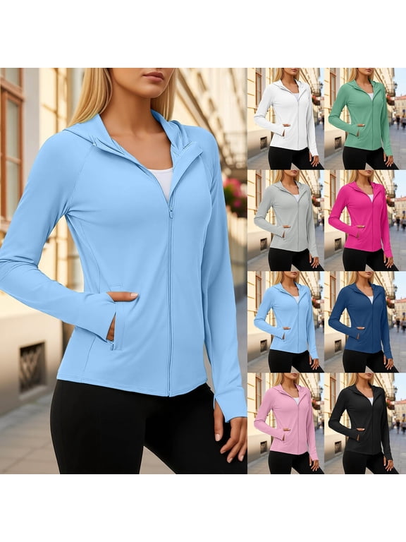 Women's UPF 50+ Lightweight Athletic Jacket Sun Protection Full Zip Long Sleeve Shirts Hiking Running Athletic Shirt Outdoor Pockets