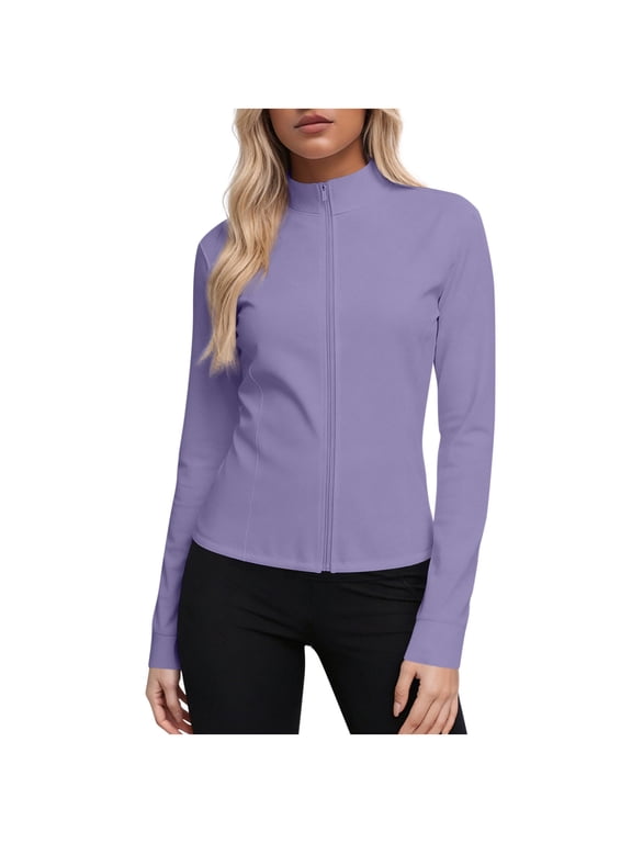 Women's UPF 50+ Lightweight Jackets No Hood Zip Up Fitted Long Sleeve Sun Protection Hiking Shirt Plus Size (M, Purple)