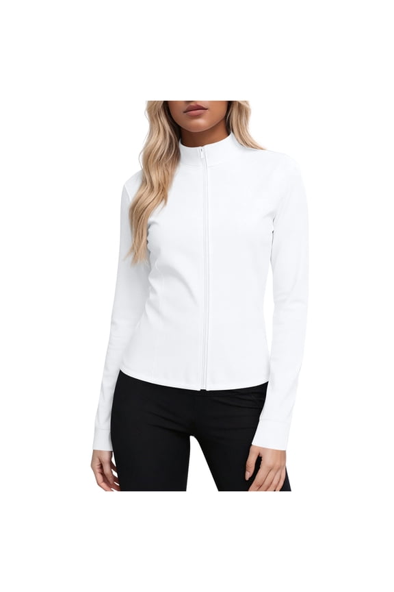Women's UPF 50+ Lightweight Jackets No Hood Zip Up Fitted Long Sleeve Sun Protection Hiking Shirt Plus Size (S, White)