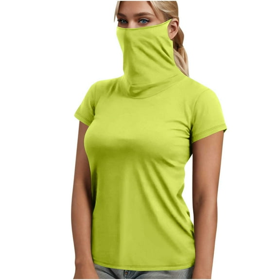 Women's UPF 50+ Neck Gaiter Top - Short Sleeve Loose Blouse with Face Cover for Fishing & Hiking, Casual Sun Protection Shirt