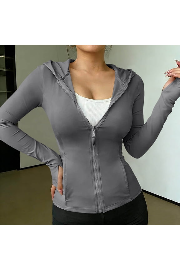 Women's UPF 50+ Rash Guard Jacket Regular Fit Solid Color Hooded Long Sleeve Full Zip Up with Thumb Holes Quick Dry UV Block Casual Top Gray M