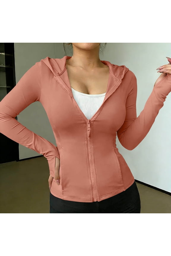 Women's UPF 50+ Rash Guard Jacket Regular Fit Solid Color Hooded Long Sleeve Full Zip Up with Thumb Holes Quick Dry UV Block Casual Top Rose Gold XL