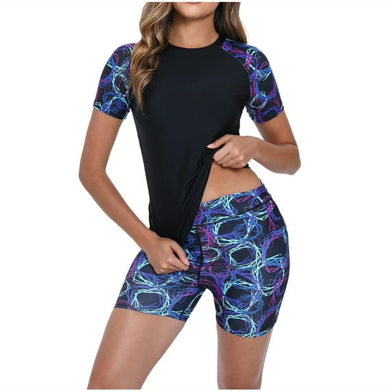 Women's UPF 50+ Rash Guard Swim Set - Short Sleeve Swimshirt with Built-In Bra & Boyshorts, Surfing & Beach Swimwear