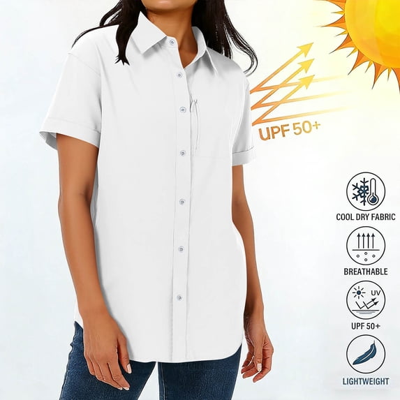 Women’s UPF 50+ Short Sleeve Hiking Shirt Fishing Shirt with Hidden Zipper Chest Pocket Lightweight Breathable Quick Dry Sun Protection Outdoor Button Down Shirt for Camping Trekking Travel