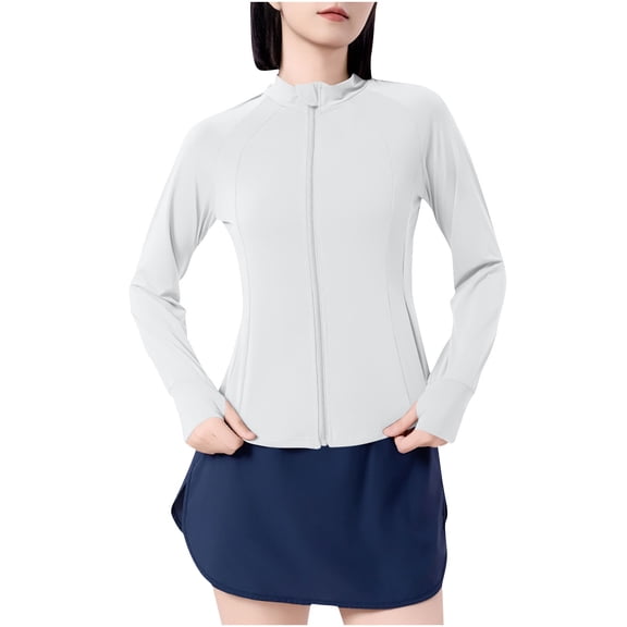 Women's UPF 50+ Sun Jacket Slim Fit Stand Collar Long Sleeve Stretch Shirt for Fishing & Hiking, Cropped Athletic Zip Hoodie with Thumb Holes