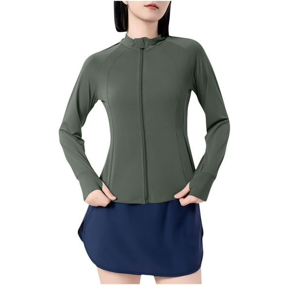 Women's UPF 50  Sun Jacket Slim Fit Stand Collar Long Sleeve Stretch Shirt for Fishing & Hiking, Cropped Athletic Zip Hoodie with Thumb Holes
