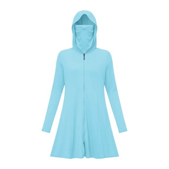 Women’s UPF 50+ Sun Protection Hoodie with Face Mask Neck Gaiter Breathable Zipper Long Sleeve Shirt for Hiking Fishing S-3XL Light Blue