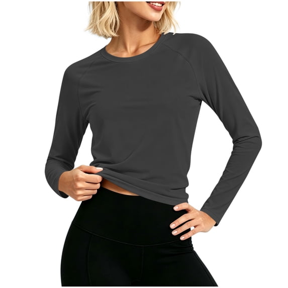 Women's UPF 50+ Sun Protection Long Sleeve Shirts Crew Neck Raglan Stretch Slim Yoga Tops Outdoor Casual Running Athletic Sun Shirts Black
