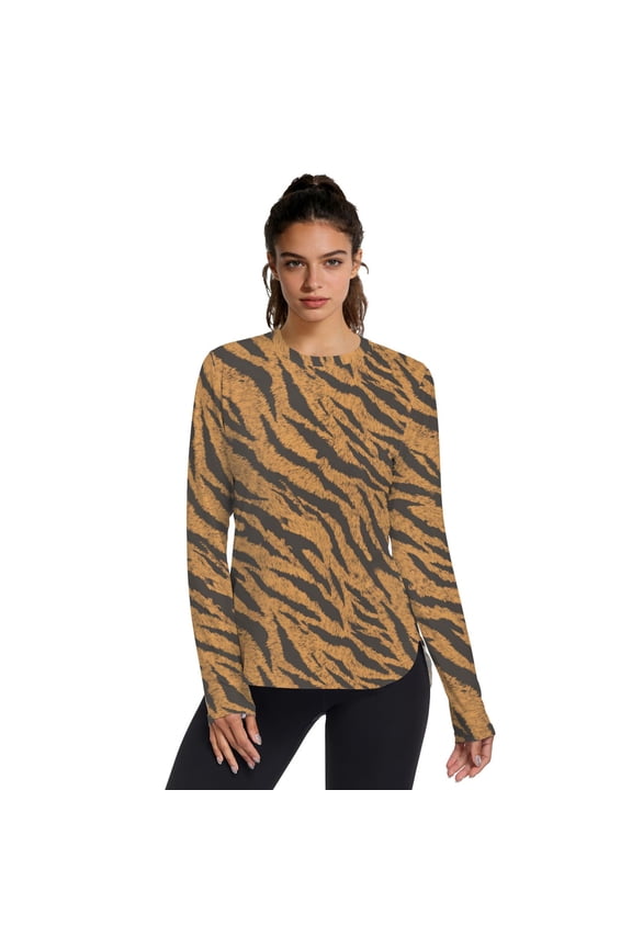 Women's UPF 50+ Sun Protection Shirt Long Sleeve Cool Touch Crewneck with Thumb Holes Tiger Stripes Pattern Large