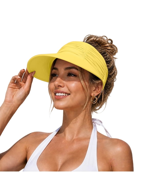 Women's UPF 50+ Sun Visor Hat,Wide Brim Ponytail Sports Cap with Ice Silk Fabric,Lightweight Foldable Summer Hats for Women for Beach,Travel,Hiking,Golf,Gardening Yellow One Size