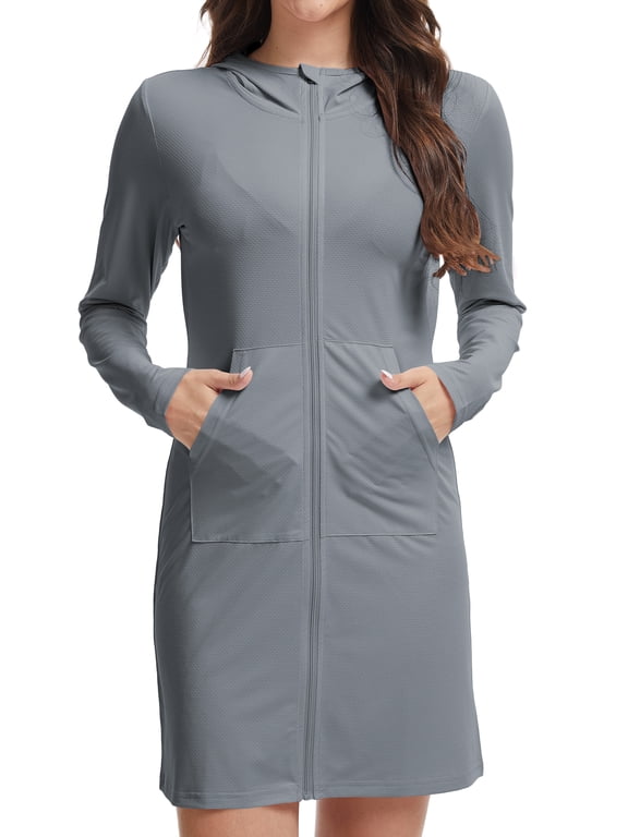 Women's UPF 50+ Sun Protection Swim Cover Up Long Sleeve SPF UV Hoodie Jacket, Lightweight Beach Rash Guard Shirts Lightgrey M