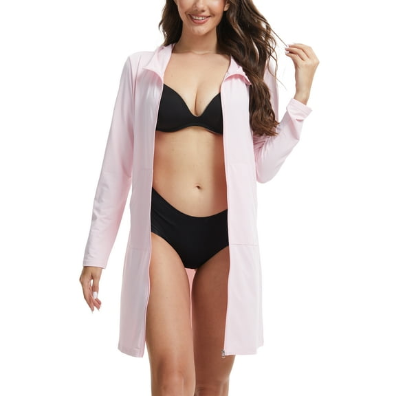 Women's UPF 50  Swim Cover Up Sun Protection Hoodie Long Jacket SPF Lightweight Beach Cover Ups for Women Pink 2XL