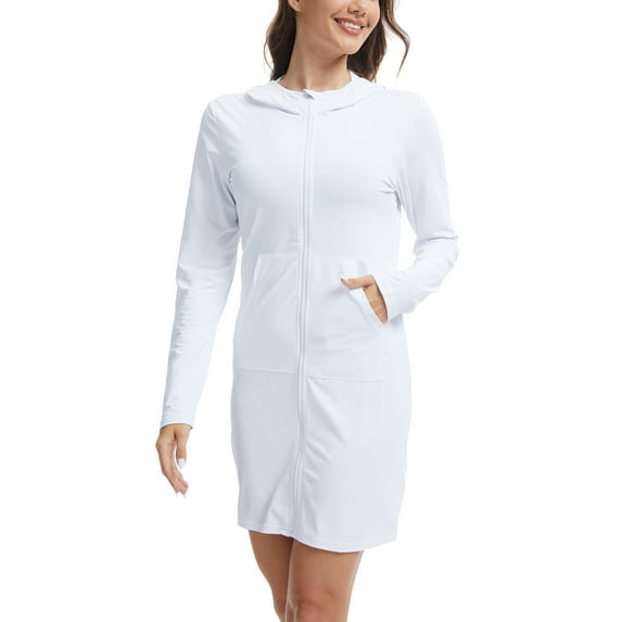 Women's UPF 50+ Swim Cover Up Sun Protection Hoodie Long Jacket SPF Lightweight Beach Cover Ups for Women White 2XL