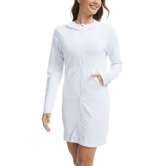 Women's UPF 50  Swim Cover Up Sun Protection Hoodie Long Jacket SPF Lightweight Beach Cover Ups for Women White L