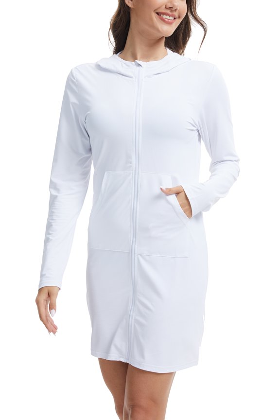 Women's UPF 50+ Swim Cover Up Sun Protection Hoodie Long Jacket SPF Lightweight Beach Cover Ups for Women White M