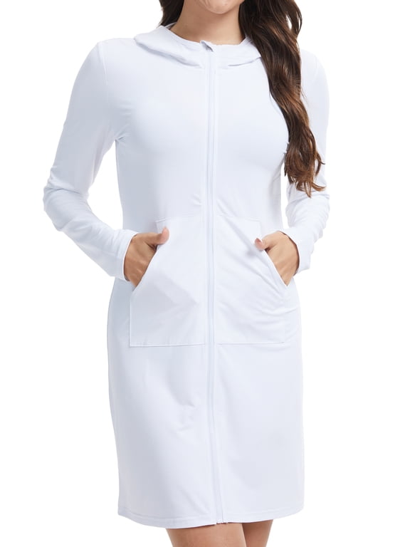 Women's UPF 50+ Sun Protection Swim Cover Up Long Sleeve SPF UV Hoodie Jacket, Lightweight Beach Rash Guard Shirts White XL