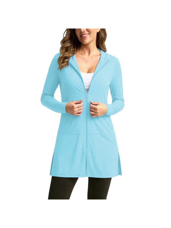 Women's UPF 50+ Swim Cover Up Sun Protection Hoodie Zip Long Jacket SPF Lightweight Beach Cover Ups with Pockets Light Blue 3XL