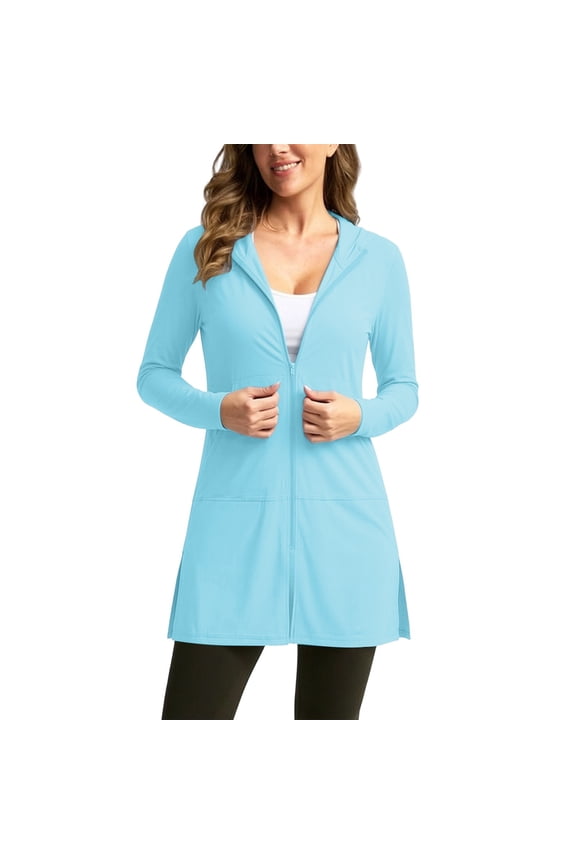 Women's UPF 50+ Swim Cover Up Sun Protection Hoodie Zip Long Jacket SPF Lightweight Beach Cover Ups with Pockets Light Blue 3XL