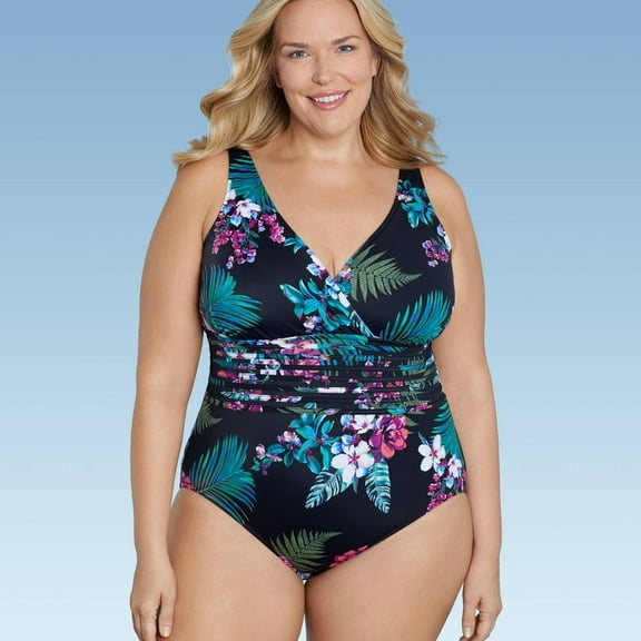 Women's UPF 50 Waist Detail Over the Shoulder One Piece Swimsuit - Aqua Green Multi 22