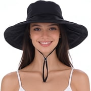 EINSKEY Womens Sun Hat with Ponytail Hole, 4.3" Wide Brim UPF 50+ Waterproof Bucket Hat, Shapable & Packable for Beach Hiking Fishing - Black