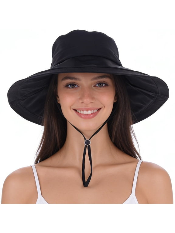 Womens Sun Hat with Ponytail Hole, 4.3" Wide Brim UPF 50+ Waterproof Bucket Hat, Shapable & Packable for Beach Hiking Fishing - Black
