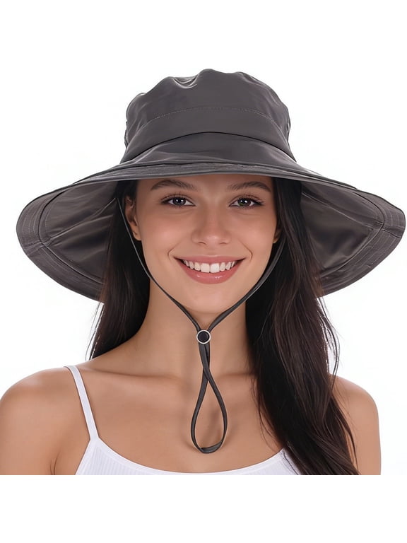 Womens Sun Hat with Ponytail Hole, 4.3" Wide Brim UPF 50+ Waterproof Bucket Hat, Shapable & Packable for Beach Hiking Fishing - Dark Grey
