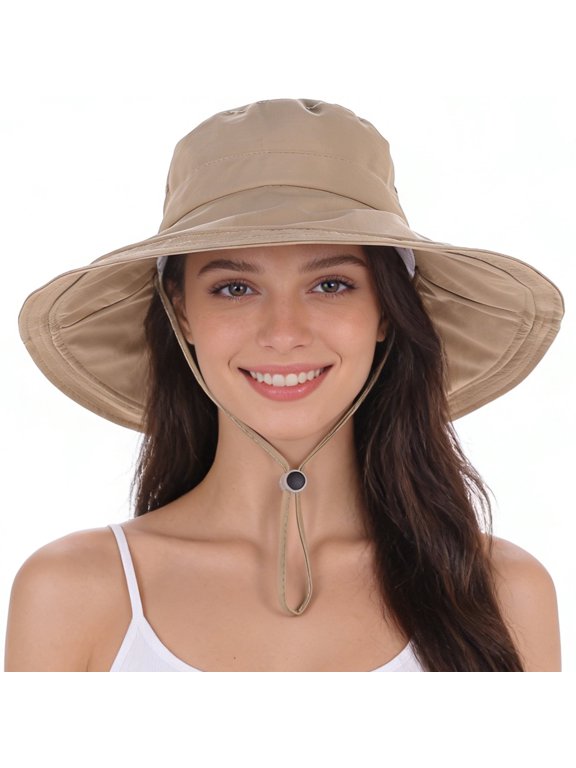 Womens Sun Hat with Ponytail Hole, 4.3" Wide Brim UPF 50+ Waterproof Bucket Hat, Shapable & Packable for Beach Hiking Fishing - Camel