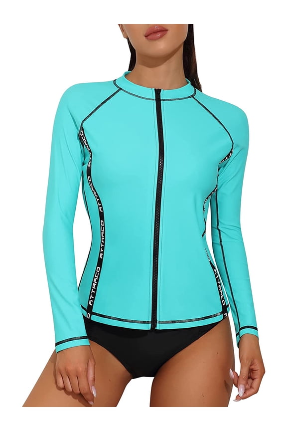 Women's UPF 50+ Zipper Rash Guard, Water Surfing Long Sleeve Swimsuit, UV/Sun Protection Swim Shirts Wetsuit Top