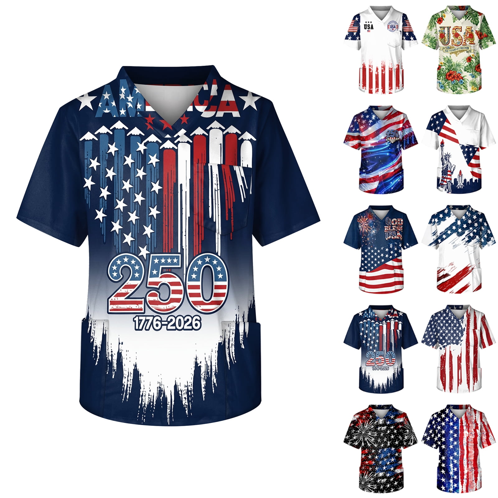 Women's US 250th Anniversary Patriotic Scrub Tops with Single Chest ...