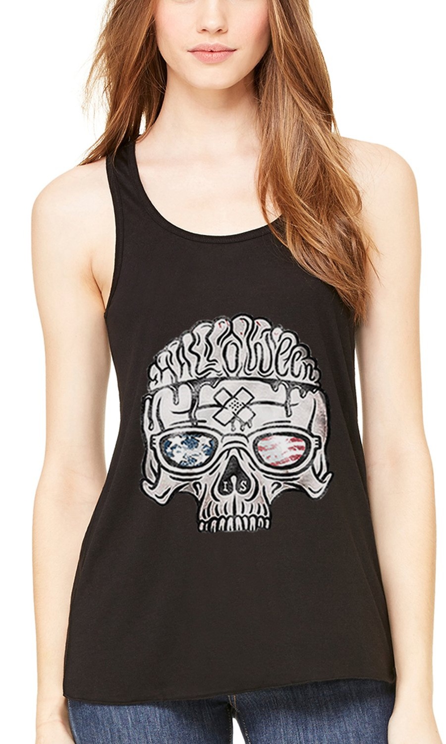 Women's US Skull Printed Flowy Racerback Tank Top