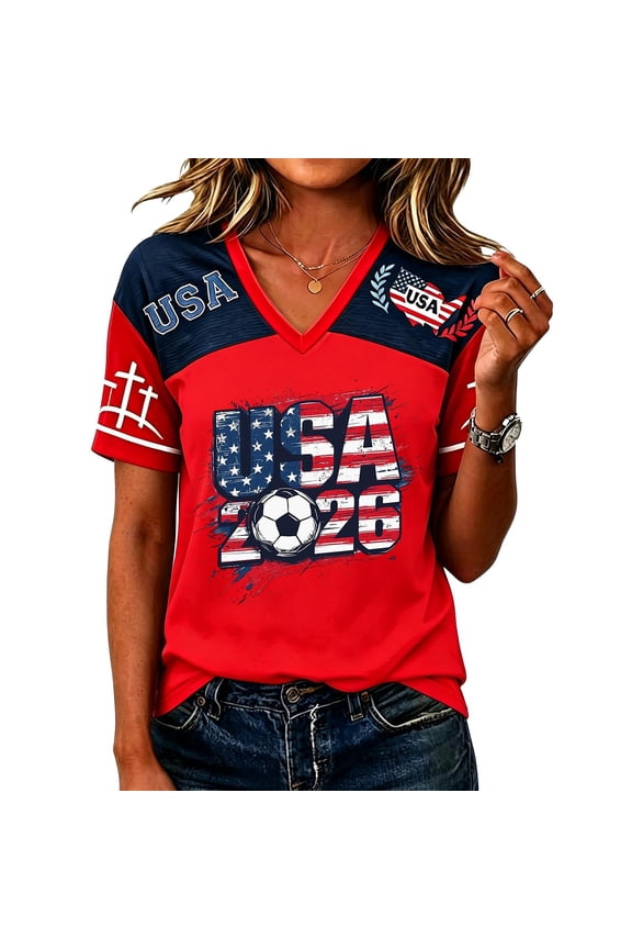 Women's USA 2026 Flag Soccer V-Neck T-Shirt Comfortable National Team Pride Top Comfort Soft Cotton XXL