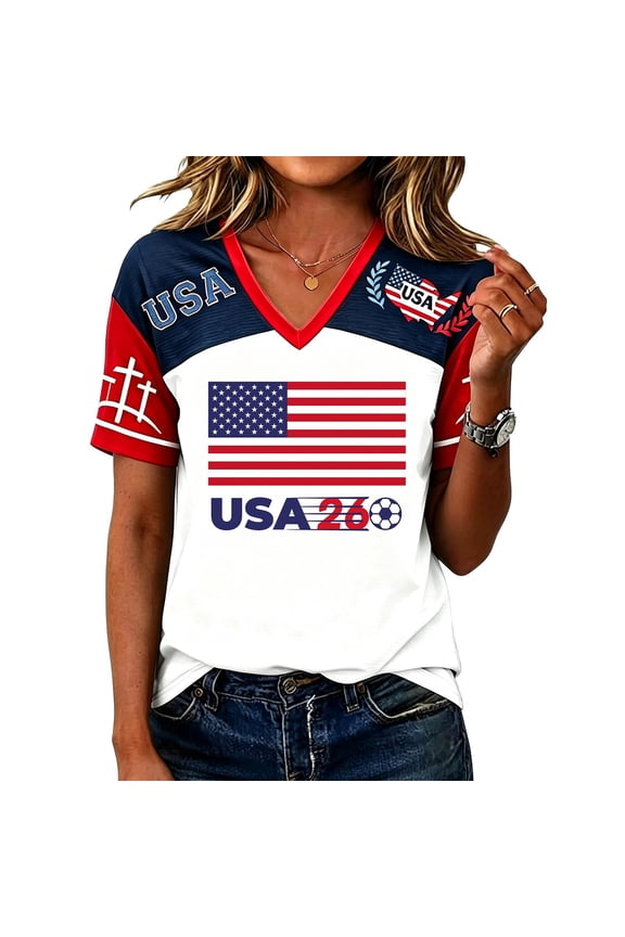 Women's USA 2026 Soccer V-Neck T-Shirt Summer Patriotic Jersey Style USA Flag Soccer Ball L