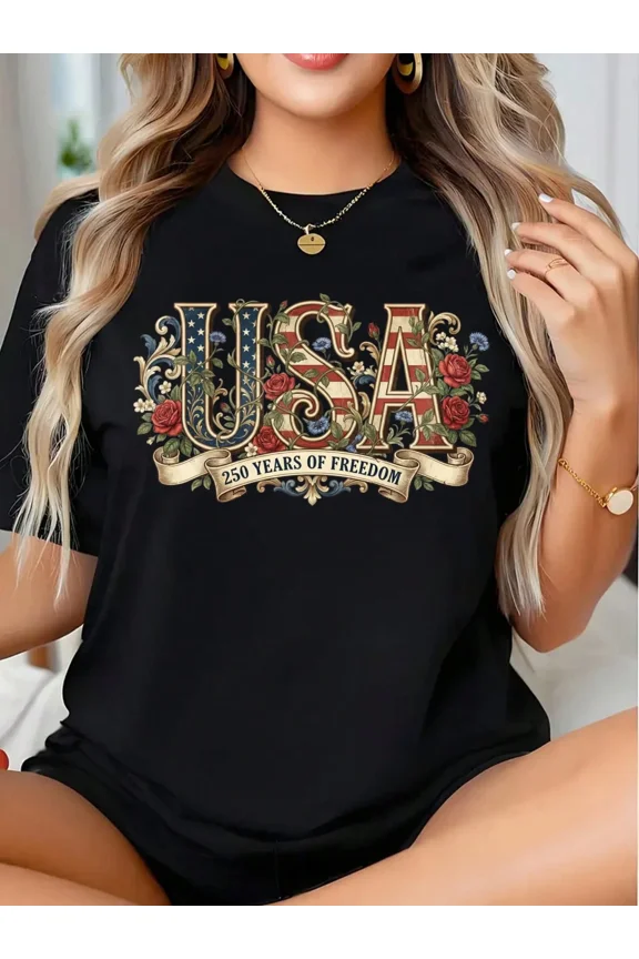 Women's USA 250 Years of Freedom Patriotic Floral Graphic T-Shirt Black Short Sleeve Tee