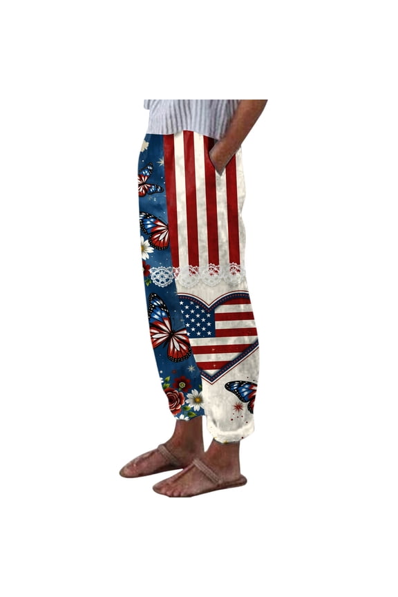 Women's USA 250th Anniversary Celebration Pants Independence Day Star Print Casual Trousers Summer Elastic Waist Slacks XL