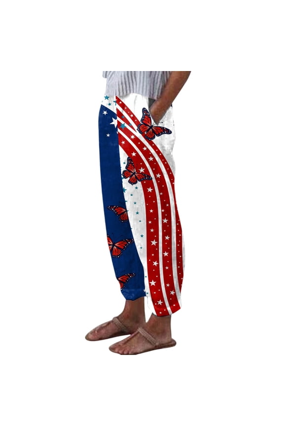 Women's USA 250th Anniversary Patriotic Pants Independence Day Printed Straight Leg Slacks Summer Loose Lounge Trousers XXL