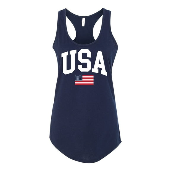 Women's USA American Flag Patriotic Fourth of July Independence Day Racerback Tank Top Graphic Tee-Navy-large