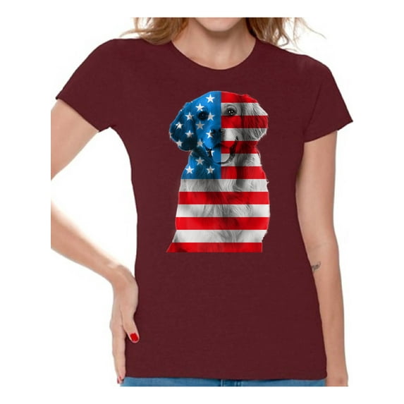 Women's USA Flag Golden Retriever Graphic T-shirt Tops Independence Day Gift