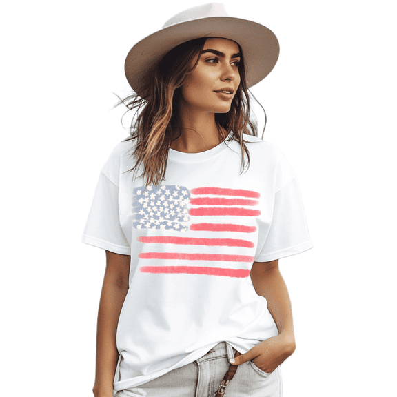 Women's USA Flag Pattern White Crew Neck Short Sleeve Tee