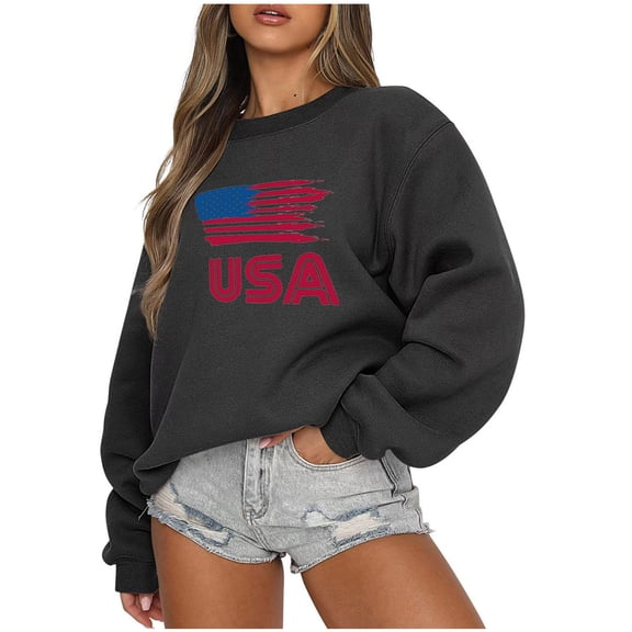 Women's USA Flag Print Crewneck Oversized Sweatshirt Long Sleeve Sweater Cropped Loose Jumper Pullover Tops S-3XL (3X-Large, Black 03)