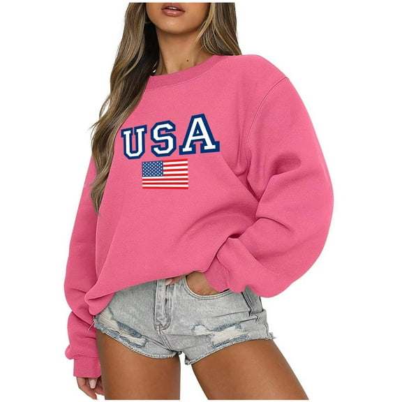 Women's USA Flag Print Crewneck Oversized Sweatshirt Long Sleeve Sweater Cropped Loose Jumper Pullover Tops S-3XL (3X-Large, Hot Pink)