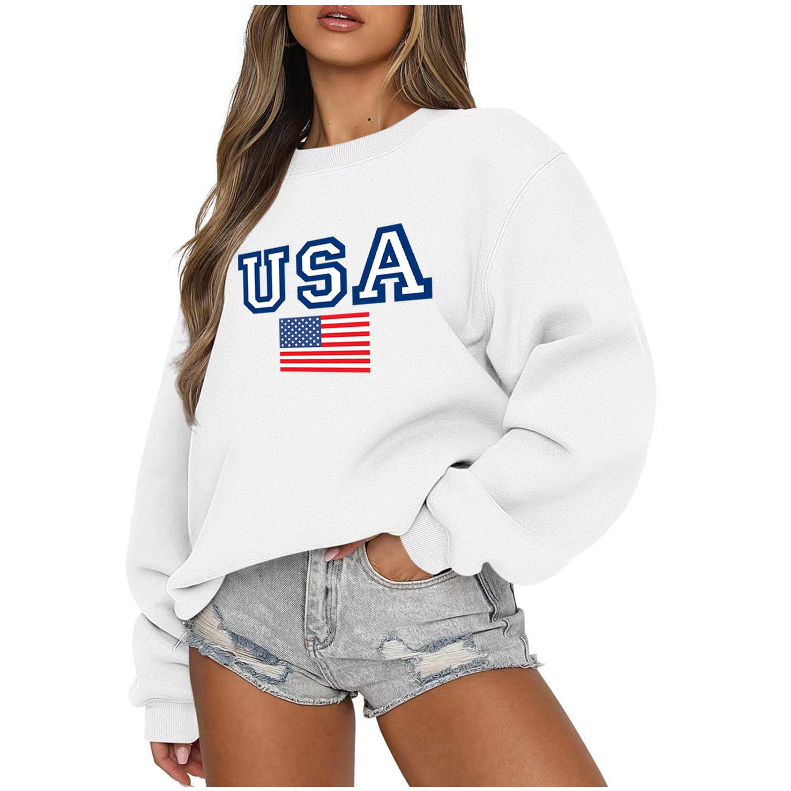 Women's USA Flag Print Crewneck Oversized Sweatshirt Long Sleeve Sweater Cropped Loose Jumper Pullover Tops S-3XL (Small, White)
