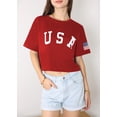 thumbnail image 1 of Women's USA Flag Tee Shirt 4th of July Letter Print Crop Tops Summer Short Sleeve T-Shirt, Red, X-Large, 1 of 5
