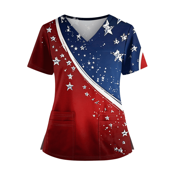 Women's USA Flag V-Neck Scrub Top Plus Size Short Sleeve Nursing Uniform Deep Red 3XL