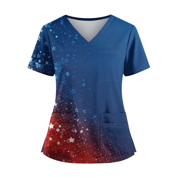 Women's USA Flag V-Neck Scrub Top Plus Size Short Sleeve Nursing Uniform Light Blue M