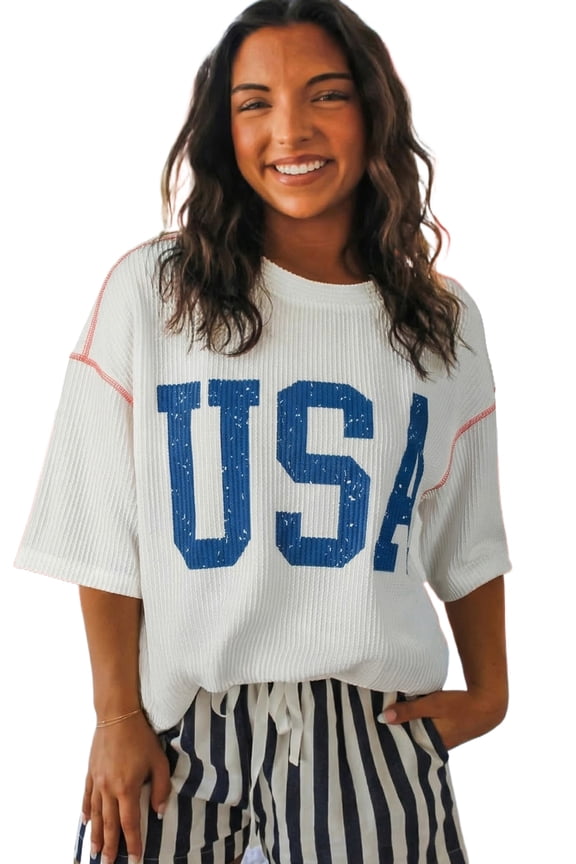 Women's USA Graphic Ribbed Top – Half Sleeve Patriotic Shift Shirt for Independence Day, XL