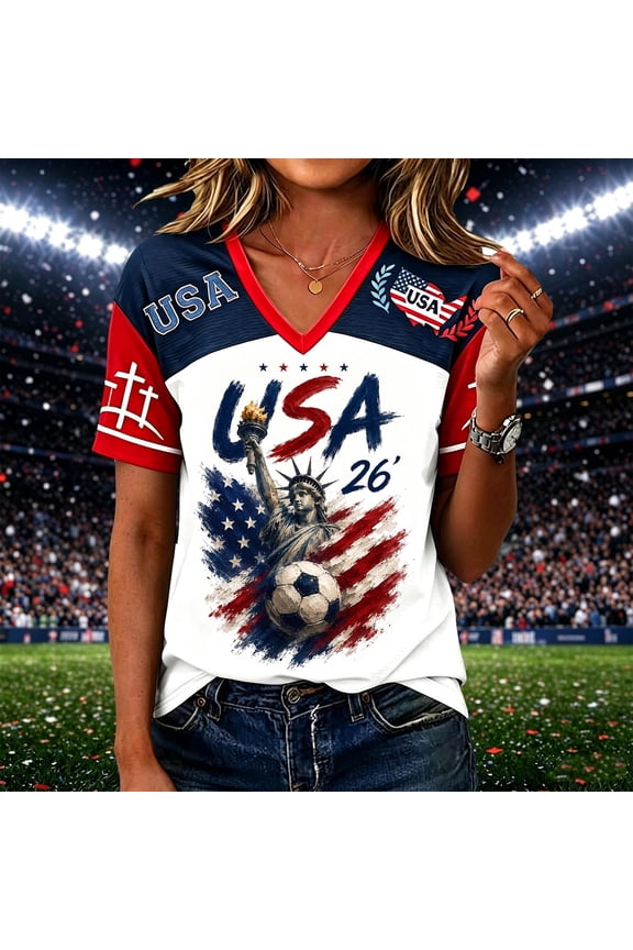 Women's USA Graphic V-Neck Short Sleeve T-Shirt with Red Blue Striped Raglan Sleeves for Casual Wear