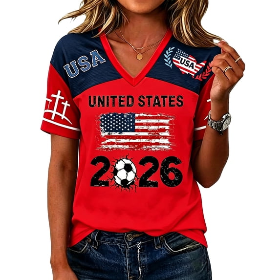 Women's USA Soccer Shirt 2026 United States Fan Gear V-Neck Casual Short Sleeve Graphic Tee Patriotic American Flag Football Supporter Pullover Tops (S-3XL, Assorted Colors)